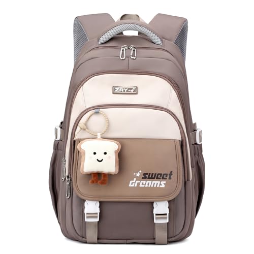 Amythe Schulrucksack Teenager - 36L Schulranzen für Mädchen ab 5. Klasse, Großer Rucksack für Mittel- und Oberstufe, Lässiger Kinderrucksack mit Süßem Anhänger und Trolleyband, Braun