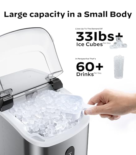 Nugget Ice Maker Countertop - Silonn Pebble Ice Maker Machine with Self-Cleaning Function, 33lbs/24H, Ice Makers for Home/Kitchen/Office, Stainless Steel