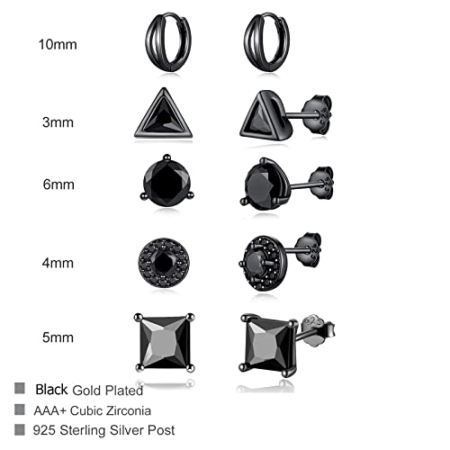 5 Pairs 925 Sterling Silver Stud Earrings Sets For Women Black Cubic Zirconia Earrings Studs, 14K White Gold Plated Stud Earrings Hypoallergenic Earrings For Men Girl #TOP1