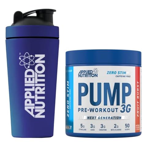 Applied Nutrition Pump Zero Pre Workout + 750ml Steel Protein Shaker - Zero Stim, Caffeine Free, Energy & Performance (375g - 25 Servings) (Fruit Burst) Cover
