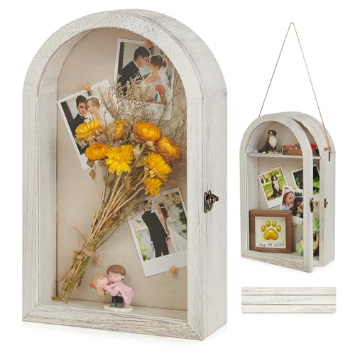 Image of DGWJSU Shadow Box Frame 10x16 Large Shadow Boxes Display Cases with Linen Back and Removable Shelves, Picture Frame Wedding Bouquet Memorabilia Medals Photos Memory Box for Keepsakes (White)