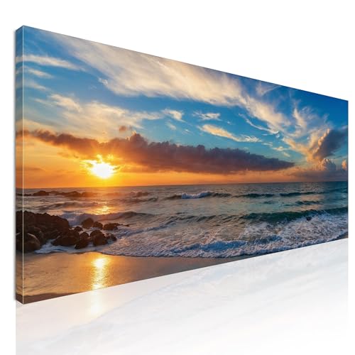 Quadro moderno mare XXL, quadro decorazione parete soggiorno Tramonto sulla Spiaggia con Onde e Cielo Colorato stampa su tela, intelaiato pronto da appendere seal10-80x30 cm