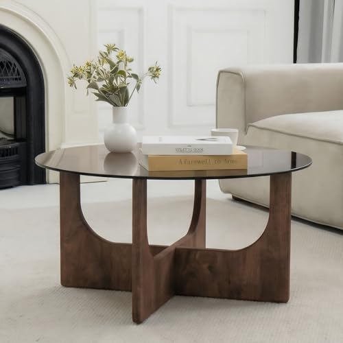 Cagnolier Table Basse Ronde en Verre Trempé et Bois Massif Noyer, Design Contemporain avec Base...