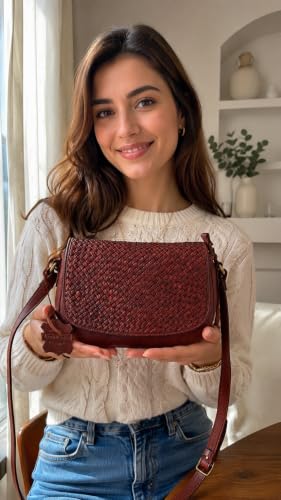 Image of NATIVE ESSENCE Hand Woven Leather Crossbody Bag for Women, Cognac Brown | Square Weave, Adjustable Strap, Sling Purse