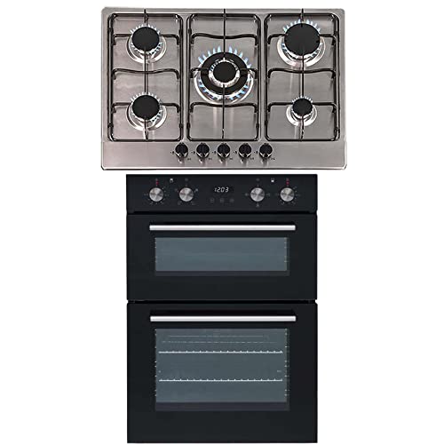 SIA 60cm Black Built In Double Oven And 70cm 5 Burner Stainless Steel Gas Hob