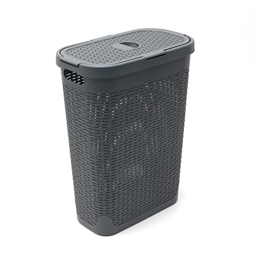 Rattan 40 L Slim Laundry Clothes Wash Hamper, Perfect for the bathroom or bedroom - great for everyday family living, Slim laundry basket bin with lifting lid (Charcoal Grey)