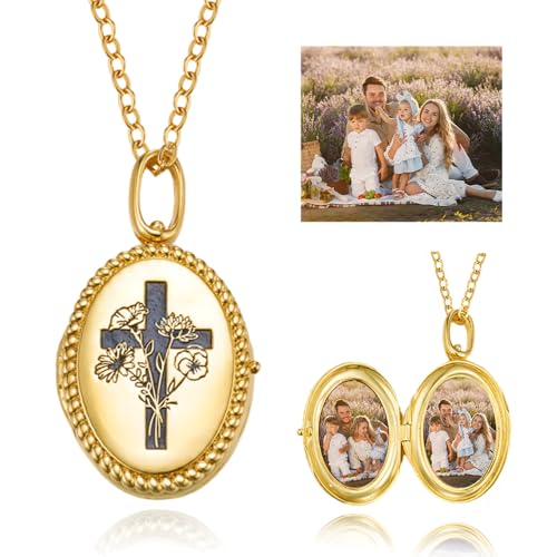 Pendentif médaillon ovale double photo personnalisé en or avec gravure dos