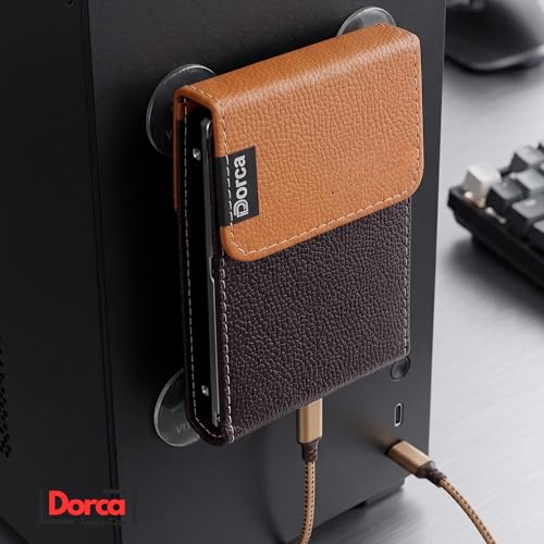 Image of Dorca Adhesive External Hard Drive Holder for Desktop PC CPU Tower, Stick-On PU-Leather Pouch, 2.5 inch HDD /SSD, Black & Tan