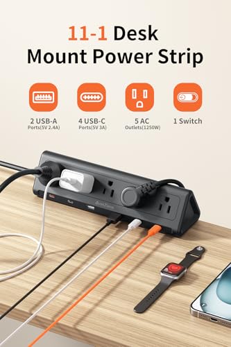 Image of 6.5 FT Desk Clamp Power Strip with 5 AC Outlets & 6 USB Ports PD 40W USB-C Fast Charging, Extension Cord with Multiple Outlets, Fits 2.1 in top Edge Black