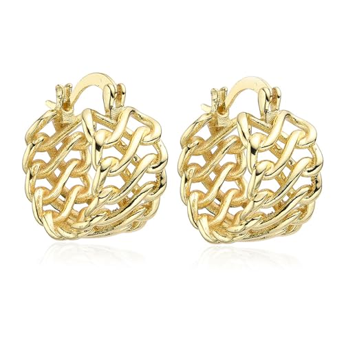 Cuban Link Hoop Earrings for Women Delicate 18K Gold Plated Chain Jewelry Classy Braided Thick Hoops Small Bold Round Wide Faceted Chunky Earrings