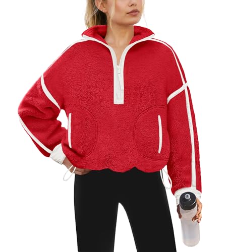 Yanekop Womens Quarter Zip Pullover Sherpa Fleece Jacket Oversized Zip Up Sweatshirt Half Zip Pullover Fuzzy Outerwear