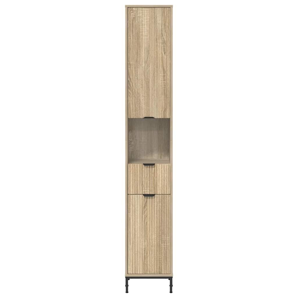 Szafka łazienkowa dąb Sonoma 31,5 x 33 x 190 cm, smukła wysoka szafka z 2 drzwiami, półka i regulowane nóżki, nowoczesna szafka łazienkowa na ręczniki i artykuły toaletowe w zestawie