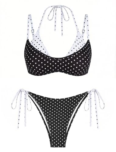 Image of ZAFUL Women's Polka Dot Bikini Set Double Layer Halter Swimsuit Colorblock Side Tie 2 Piece Bathing Suit