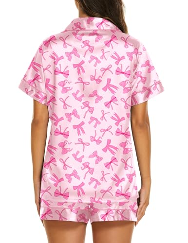 Image of Ekouaer Silk Pajamas for Women Short Sleeve Sleepwear Soft Button Down Loungewear 2 Piece Satin Pjs Shorts Set