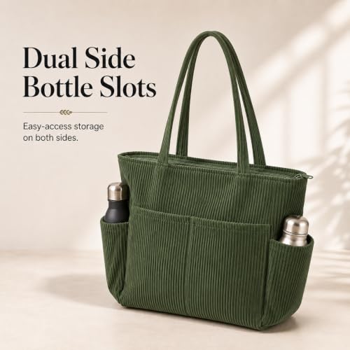 Image of Kawn Korean Tote Bag Aesthetic Corduroy Canvas Handbag for Women Zipper Casual Large Capacity Shoulder Bag with Pockets Versatile Everyday use for College Work Travel & Shopping