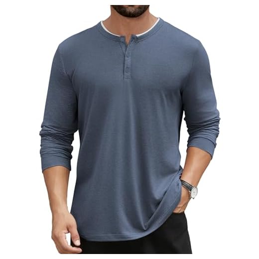 Hardaddy Camiseta masculina Henley de manga comprida casual com botões Henley Color Block, Azul marinho, XGG