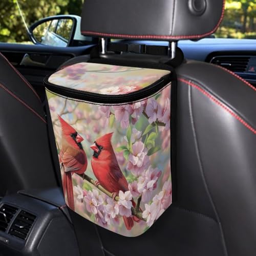 Image of Talayituse Cardinal Cherry Blossom Print Car Trash Bin, Large Size Auto Trash Can Adjustable Portable Garbage Can with Lid, Vehicle Hanging Bag for Headrest Front Back Seat