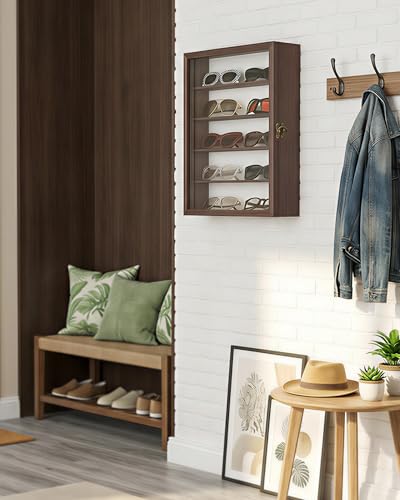 Image of TJ.MOREE 5-Tier Sunglasses Organizer Storage Wall Mounted: 13 x 15 inches Eyewear Display Case Rustic Wood Eyeglasses Holder Large Glasses Storage Box, Brown
