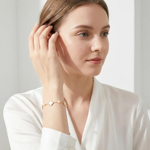Ningnvshi Clover Bracelet for Women 18K Gold Plated Lucky Four Leaf Clover Charm Bracelet with Shell Pearls and Red Agate Style Stones Elegant Jewelry Gift for Her Wife Mom - Adjustable — view 2