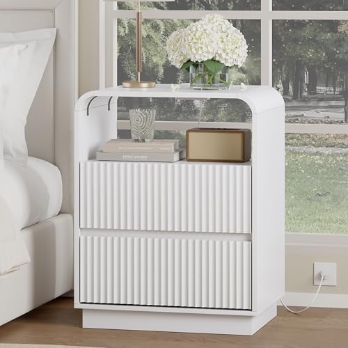 Image of Wodeer White Nightstands Set of 2 with Charging Station, Mid Century Modern End Tables & Bedside Tables, Fluted Wood Small Night Stands with 2 Hidden Drawers and Storage Shelf for Bedroom
