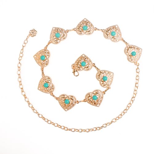 Women Western Metal Chain Belt for Dress Jeans Heart Turquoise Waist Belts Gold or Silver4