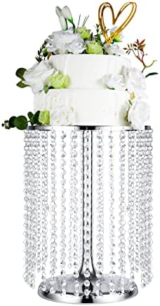 LANLONG Wedding Cake Stand for Dessert Table 30cm Silver Crystal Pendants Metal Cake Stand Serves as A Round Dessert Cupcake Display Plate 40cm Tall (Silver, L)