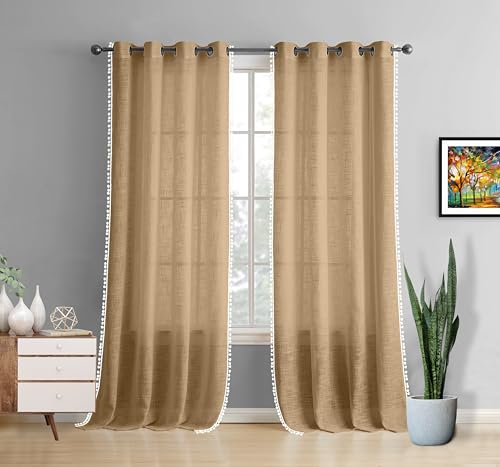 Image of THE LINEN COMPANY Cotton Sheer Grommet Curtains with Side Border Pompom Sheer Curtain for Long Door, Sun Light Filtering, Pack of 2 (Beige, 8 Feet)