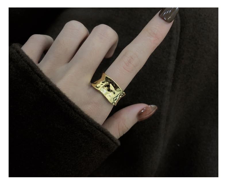Ringe Silber,Leichter Luxuriöser Gehämmerter 925 Sterling Silber Ring Band Stapelbarer Daumen Goldring für Frauen Mädchen Minimalistischer Plissierter Offener Größenverstellbarer Ring