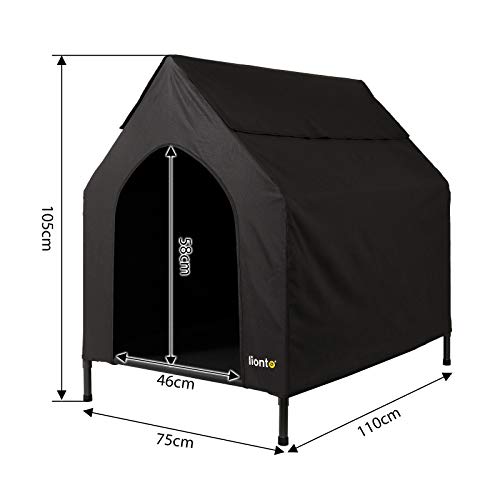 lionto Outdoor Hundeliege überdacht, 110x75x105 cm, wasserabweisendes, kratzfestes Oxford-Material & atmungsaktives Netzgewebe, erhöhtes Hundebett mit abnehmbaren Füßen, für Hunde bis 60 kg, schwarz