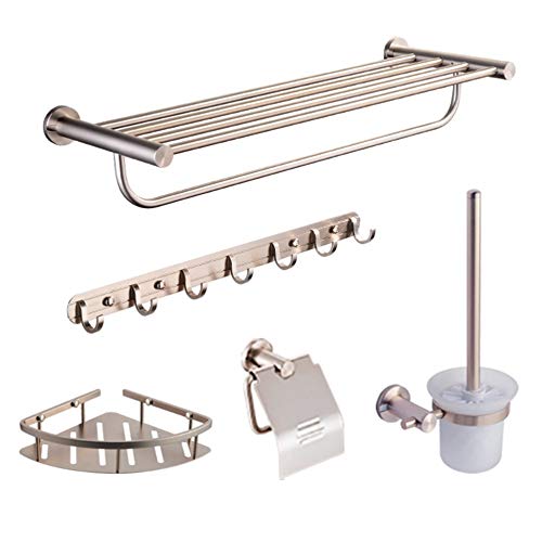 Preisvergleich Produktbild Haushalts-Multifunktionswandbehang Gebürstetes Aluminium 5pcs Badezimmer Hardware Set Handtuch Regal Handtuch Haken Toilettenpapierhalter Toilettenbürste Coner Dusche Caddy Wandhalterung Bathware Fixt