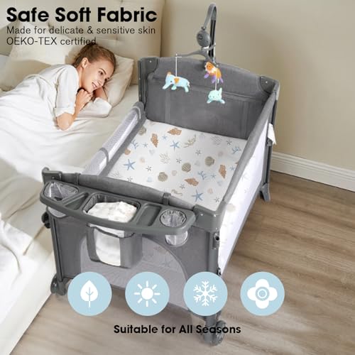 Image of Bimocosy Pack and Play Sheets Fitted 4 Pack, 38 x 26 Inch Pack n Play Mini Crib Sheets for Boys and Girls, Soft Stretchy Playard Mattress Sheets for Graco Pack n Play, Ocean World
