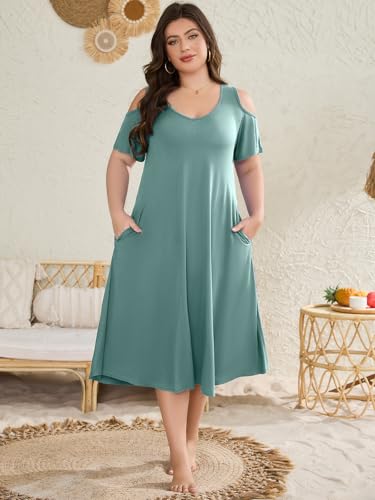 Image of LARACE Plus Size Women Dress for Summer, Midi Women's Sundress, Casual V-Neck Short Sleeve Flowy T-Shirt Dresses with Pockets