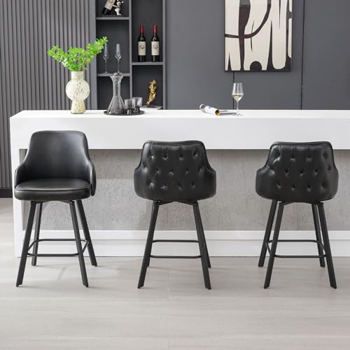 Image of Black Bar Stools Set of 3, 26 inch Faux Leather Counter Stools with High Back