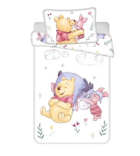 Parure de Lit Bébé Winnie l'ourson – Housse de Couette Réversible 100x135 cm et Taie d'oreiller 40x60 cm – 100% Coton Certifié Oeko-Tex Standard 100 – Motif...