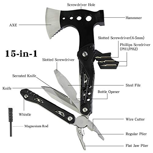 Camping Multitool Accessories Gifts for Men 15-in-1 Pocket Fold Survival Compact Tools with Knife Axe Hammer Plier Bottle Opener Durable Supplies Kit for Fishing Hunting Backpacking Hiking