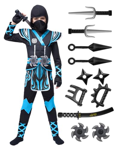 Spooktacular Creations Kids Blue Ninja Costume, Child Boy Ninja Outfit Set, Halloween Costume for Toddler Themed Parties, Dress Up (Large, 10-12 yrs)