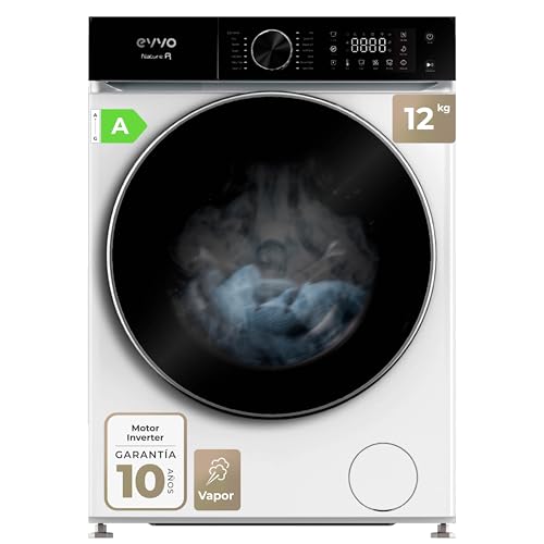 EVVO Lavadora Carga Frontal NATURE R - Capacidad de 12 Kg, Motor Inverter eDRIVE, 1400 RPM, Eficiencia Energética A, Vapor Antialergias, Auto Limpieza, Tambor ePROTECT, Pantalla Táctil, Color Blanco
