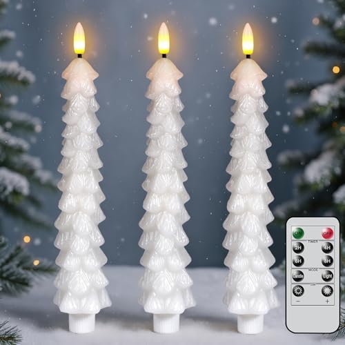 Image of Christmas Tree Candles Battery Operated with Remote, Waxy White Christmas Flameless Tree Taper Candles with Flickering Flame, Set of 3 Winter LED Candlesticks for Xmas Home Decor(0.78 inchx9.8 inch)