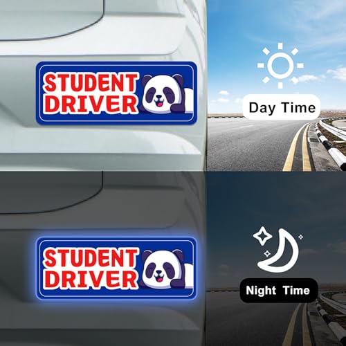 Image of Student Driver Please Be Patient Car Magnet, Blue Panda Cute Shape, Patient with Reflective Magnetic Bumper Sticker Set Detachable, Novice Safety Signs.Set of 3