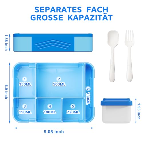Foto von HapagToy Brotdose Kinder mit Fächern, Lunchbox Kinder mit 6 Unterteilung und einer Saucenbox, Bento Box BPA-Frei, Auslaufsicher Design, Perfekt für Kindergarten Schule Büro Tragen(Blau)