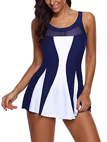 Plus Size Women’s One Piece Swimsuit & Swim Dress with Illusion Mesh Collar, U-Back, Built-in Shorts, Tummy Control Modest Swimwear for Beach & Family Vacation A Navy White/1pc 20-22