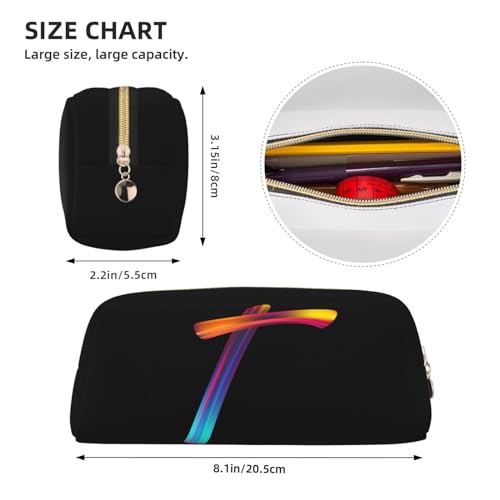 Image of Cute Initial Pencil Case for Kids Simple Leather Pencil Pouch for Boys Girls Letter Design Pencil Box Pen Bag Pencil Pouch Office Stationery Organizer, Rainbow Letter T
