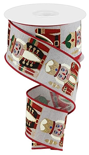 Image of Festive Nutcrackers Wired Christmas Ribbon - 2 1 /2 inch x 10 Yards, Red Edge, Natural Gray Ribbon, Glitter, Wreath, Gift Wrap, Gift Basket, Garland, DIY, Winter Decor