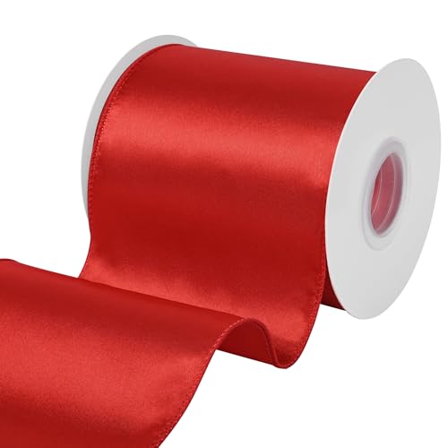 Ribtcute Satin Wired Ribbon 4 Inch Double-Faced Red Ribbon Continuous 15 Yards for Gift Wrapping Crafts Decorations