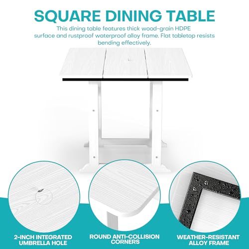 Image of 5 Piece Patio Dining Set, HDPE All-Weather Furniture with 4 Chairs & 1 Square Table, for Backyard, Garden, White