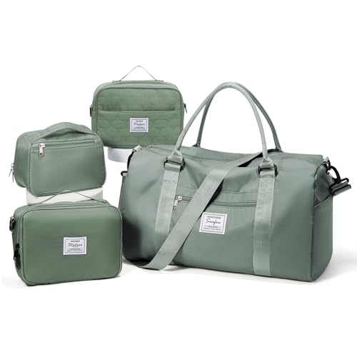 Image of Gym Bag Womens Mens with Shoes Compartment Travel Duffel Bag for Women for Plane Sport Gym Tote Bags Swimming Yoga Weekend Overnight Carry on Bag Hospital Holdalls 4Pcs Set Dark Green