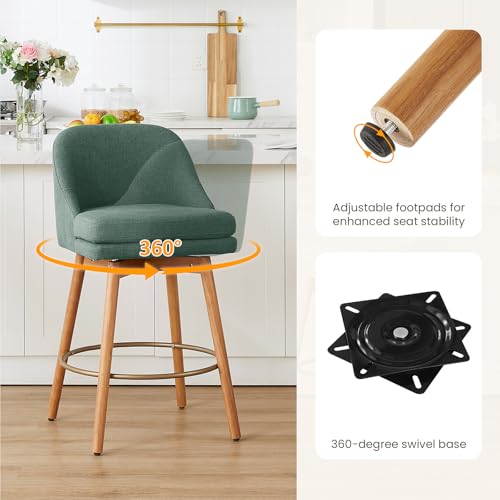Image of kinmars Modern Bar Stools Set of 2,Swivel Counter Height Bar Stools with Soft Upholstered Back,Thick Seat,Wooden Legs, 27 inch Counter Stools for Kitchen Island (Green, 4 Pieces - 27 inch Counter Height)