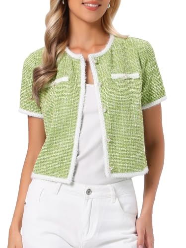 Image of Allegra K Short Sleeve Tweed Jacket for Women Summer Crew Neck Button Front Cropped Cardigan