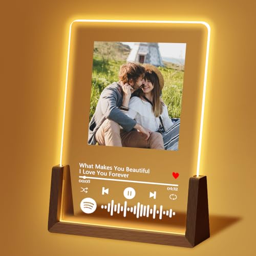 Personalized Spotify Plaque Valentines Day Gifts for Him Her Women Men - Custom LED Walnut Picture Gifts for Boyfriend Girlfriend,Acrylic Spotify Music Plaque,Anniversary Romantic Gifts for Couples
