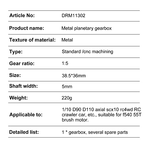 ASUYOERU Caixa de engrenagens planetária redutor 1/5 para carro de rastreador 1/10 D90 D110 Axial SC